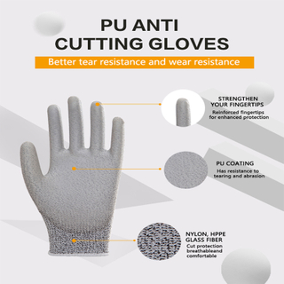 Guantes de trabajo de seguridad con los dedos con recubrimiento con PU de nylon gris