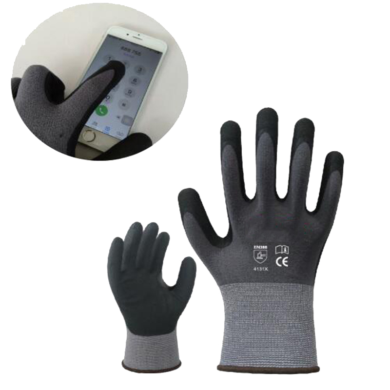 Guantes de mano de obra con revestimiento de poliuretano y nitrilo a base de agua para pantalla táctil calibre 15
